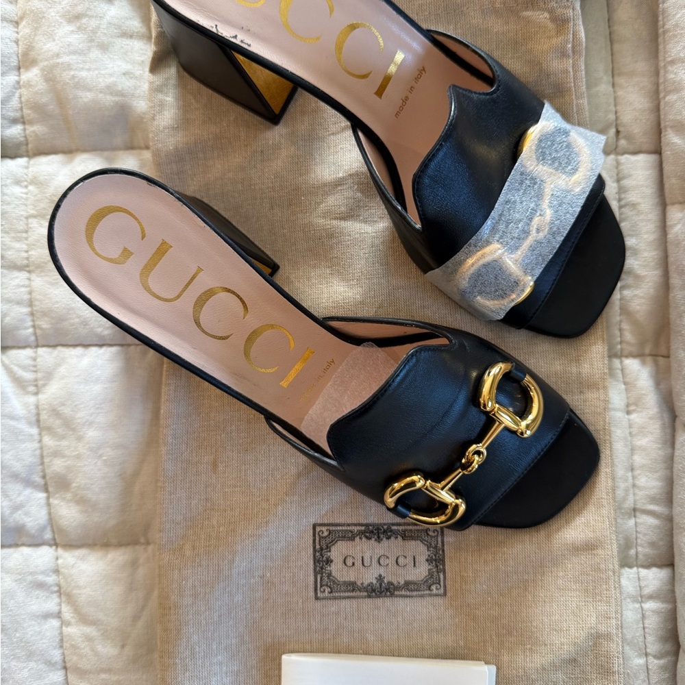 New 👡Gucci Block Heel Mule Sandal - Nero Black & Gold Leather, 7.5 - Picture 5 of 12